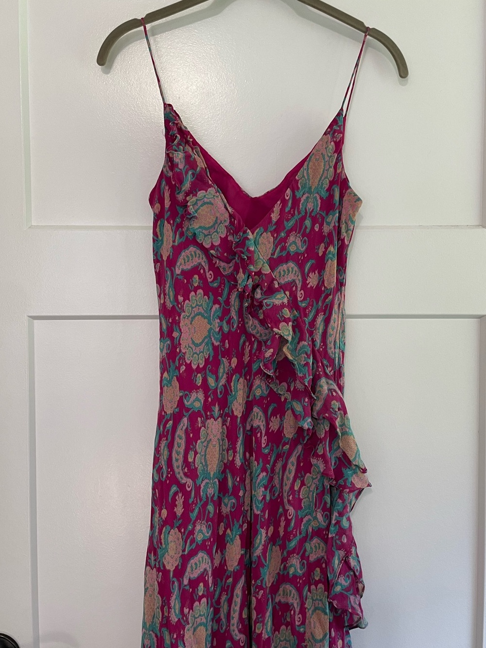 Y2K Ralph Lauren Paisley Silk Chiffon Ruffle Midi Dress Spaghetti Strap - Picture 7 of 12